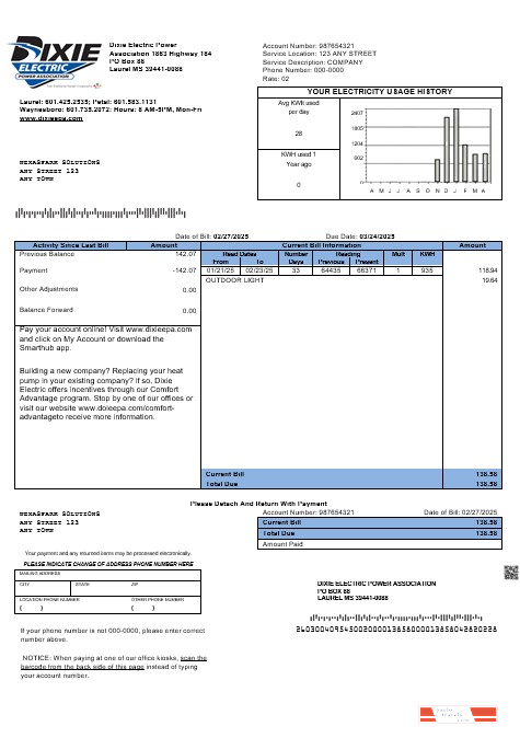USA Mississippi Dixie Electric business utility bill template in Word and PDF formats